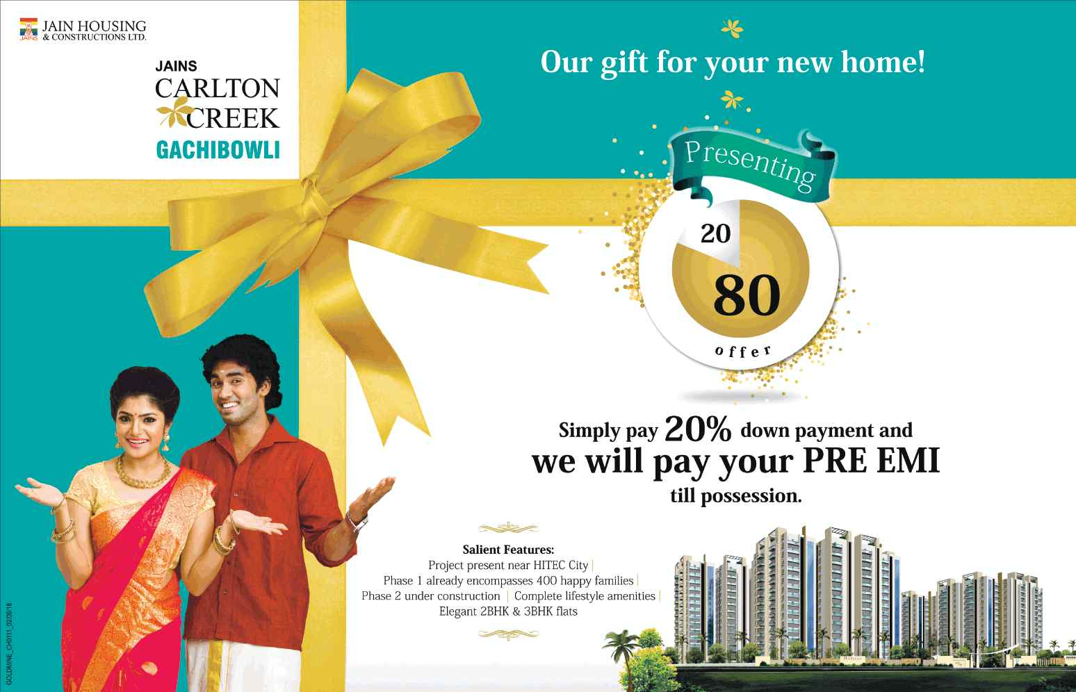 Pay 20% down payment and no pre EMI till possession at Jains Carlton Creek in Hyderabad Update
